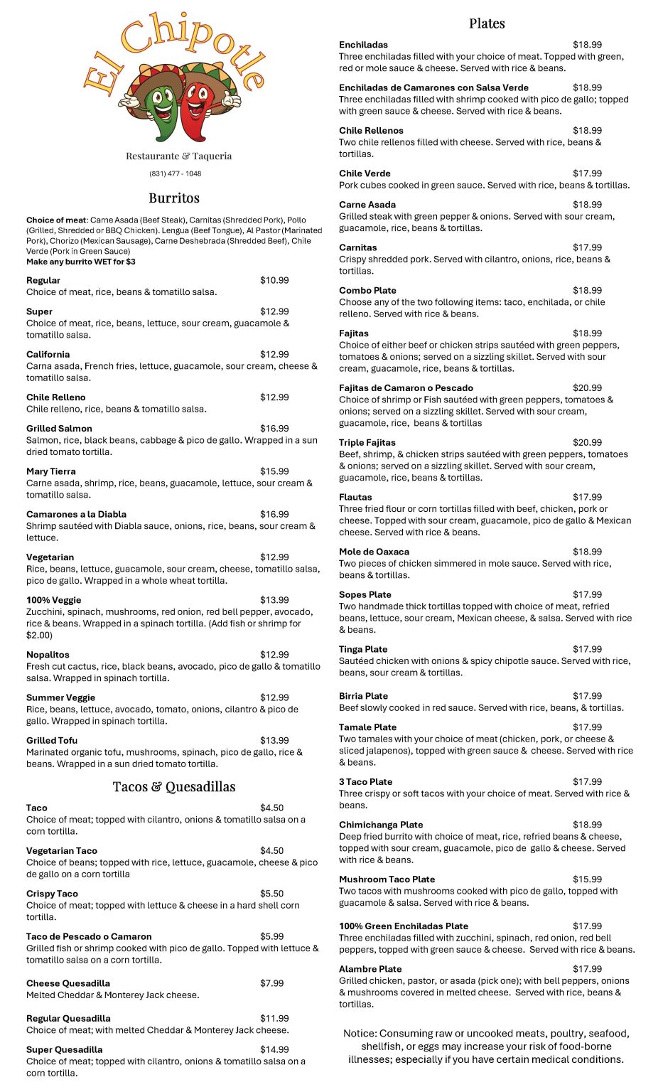 El Chipotle Menu El Chipotle Taqueria